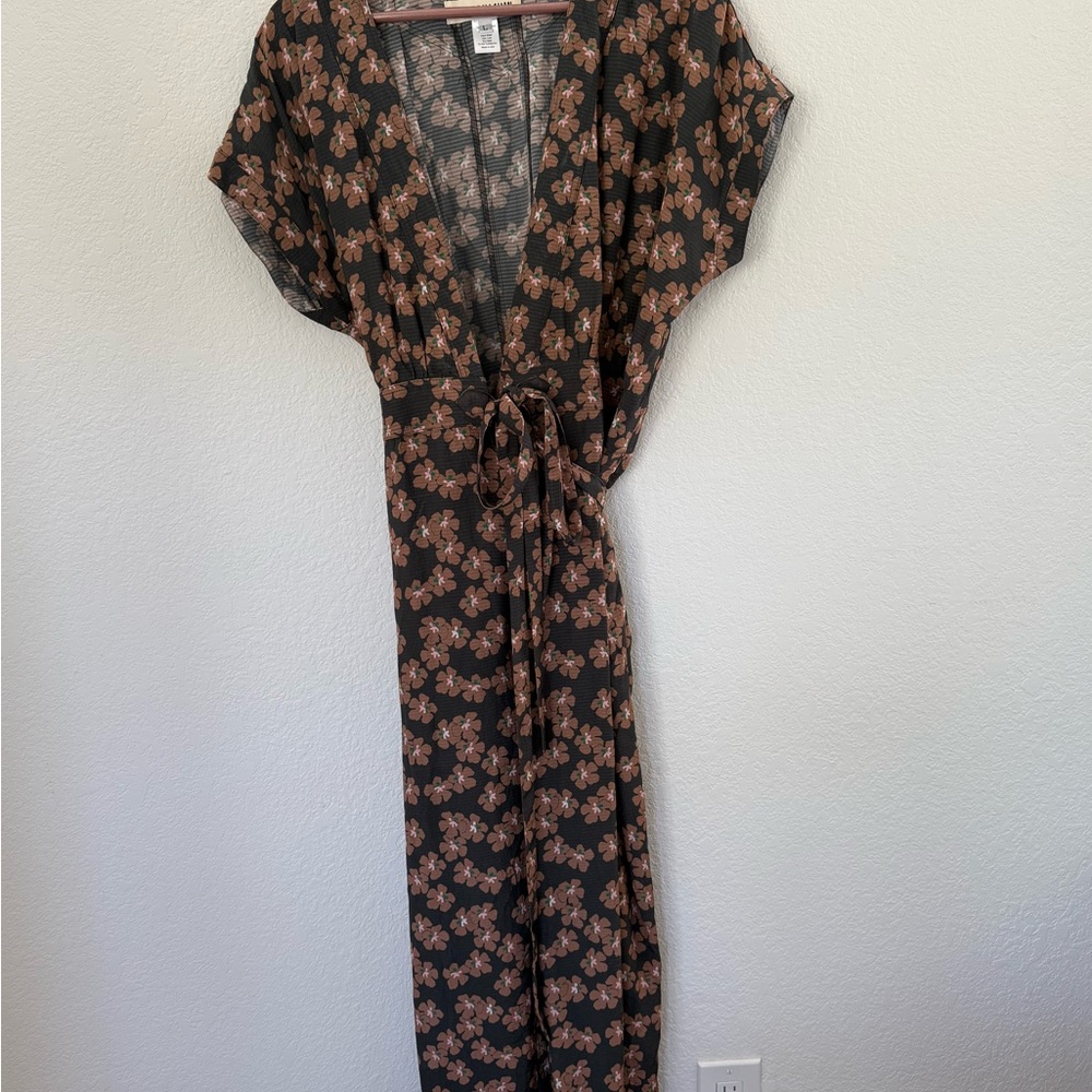 Caron Callahan Addie Charcoal Floral Viscose Wrap Jumpsuit Women’s Large USA